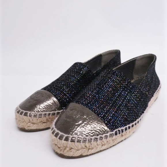 Chanel Shoes - Chanel Metallic Tweed CC Cap Toe Espadrille Flats